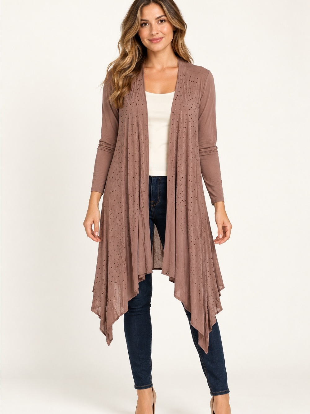 Mauve Rhinestone Open-Front Duster Cardigan S/M – NWT